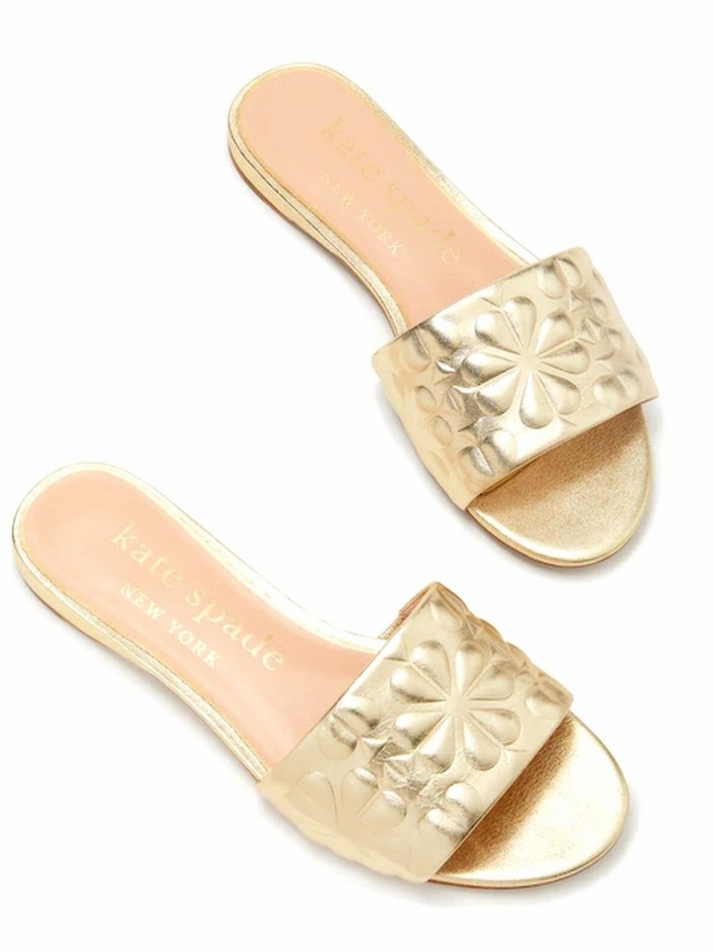 Kate Spade Emmie Floral Embossed Slide Sandals Pale Gold Leather Flat US 8.5